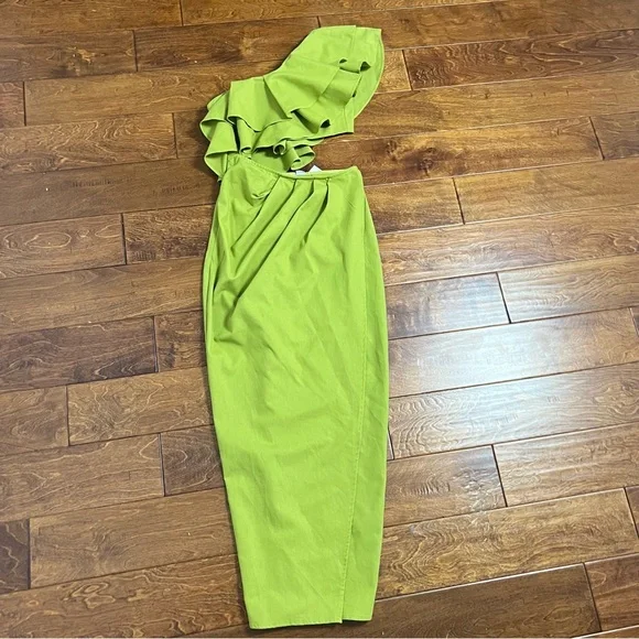 NWT Yaura Titi Green Linen Blend Ruffle Cutout Midi Dress Size 4 Small - Picture 4 of 10